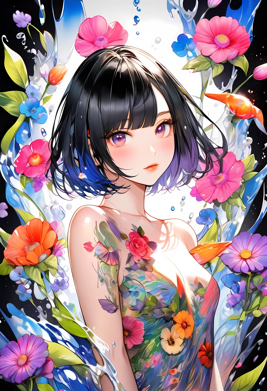 raw photo:1.2, masterpiece, highest quality, 16k, unbelievably absurd, very detailed, perfect beauty, (water color style), (nude+flower tattoos all over the body), beautiful cute girl, jet black bob cut, drooping eyes, professional lighting, vibrant colors, illustration portrait,