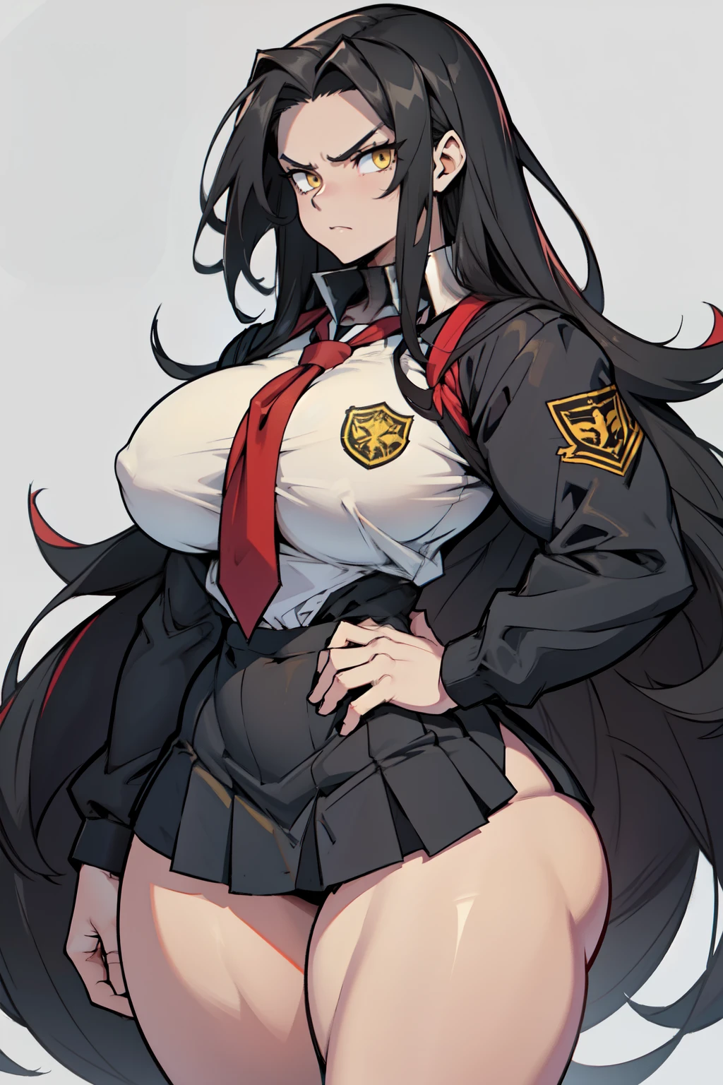 grey background 1girl black hair yellow eyes very long hair pale skin angry (bodybuilder huge breasts muscular toned body curvy wide hips thick thighs) ((school uniform))