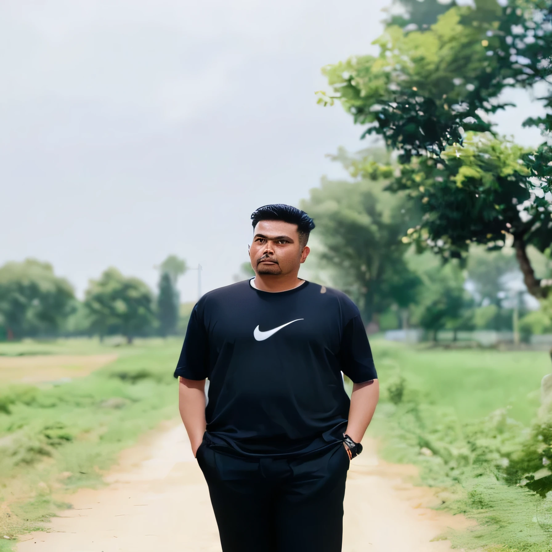 there is a man standing on a dirt road in a field, in front of a forest background, with a park in the background, assamese aesthetic, he is wearing a black t-shirt, inspired by Bikash Bhattacharjee, park in background, mohamed chahin, hills in the background, riyahd cassiem, taken with sony alpha 9