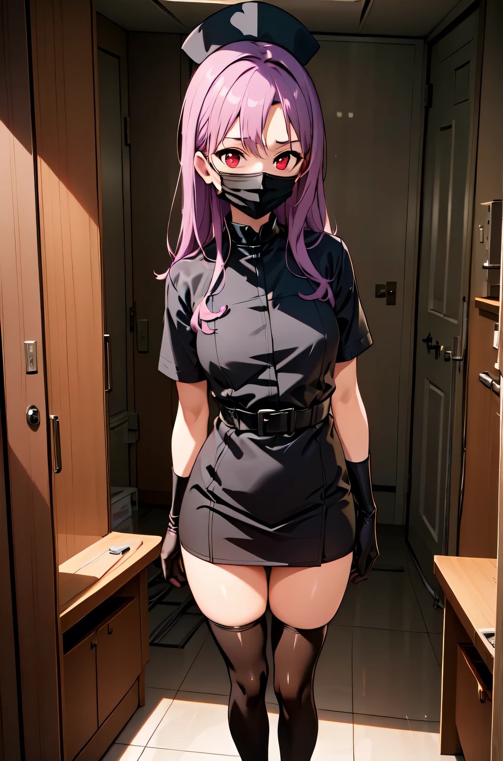 black nurse, 1woman, solo, black nurse cap, black nurse uniform, ((black legwear, zettai ryouiki)), black elbow gloves, long hair, purple hair, red eyes, ((black surgical mask, covered nose)), standing, ((surgery room)), sharp outline, short sleeves, mature female, 35 years old, best quality, masterpiece