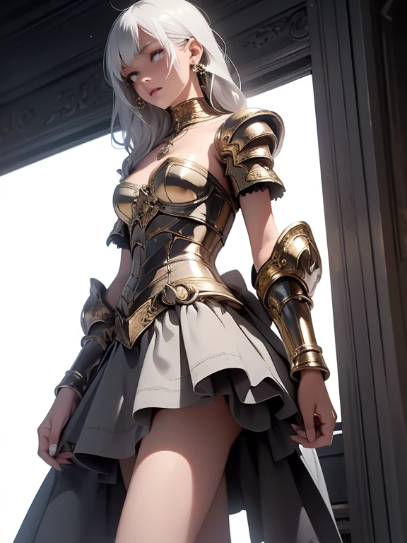 Cute girl in fantastic surroundings, with detailed armor and weapons, Rendered in high resolution with realistic textures, number of floors and lighting, makeup, mascara, The lips are soft or colored, plain black background, minimalism, monotonous, Simple color palettes, puro, Clear design, Flowing silhouettes, skirts, skirts, Simple dresses, Sbikini, asymmetric, geometric, Elegant and luxurious materials and design, simple, Minimum accessories, Necklaces and thin rings made of silver or gold, Simple bracelets, Distinctive design, Simple silhouettes, Simple and sophisticated style, elegance, minimalism, High-quality materials, haute couture, Simplicity and sophistication,