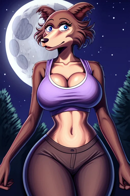 Beastars art style, beastars, Juno, brown wolf, she Wolf, 1girl, furry, long curly brown fur, slim figure, blue eyes, wide hips, Big breasts, crop top, cleavage, night time, moon