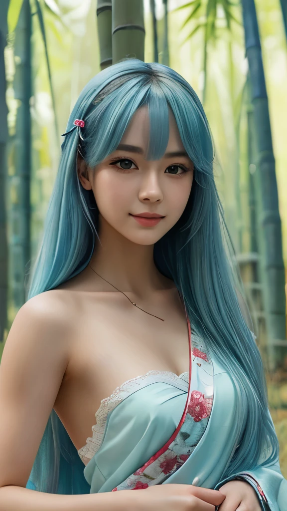 masterpiece, Best quality, official art, 8k wallpaper, Very detailed, illustration, 1 girl, sky blue hair, long hair, Detailed eyes, Forrest Gump, bare shoulders, Hanfu, lake, clean, soft smile, bamboo, tea