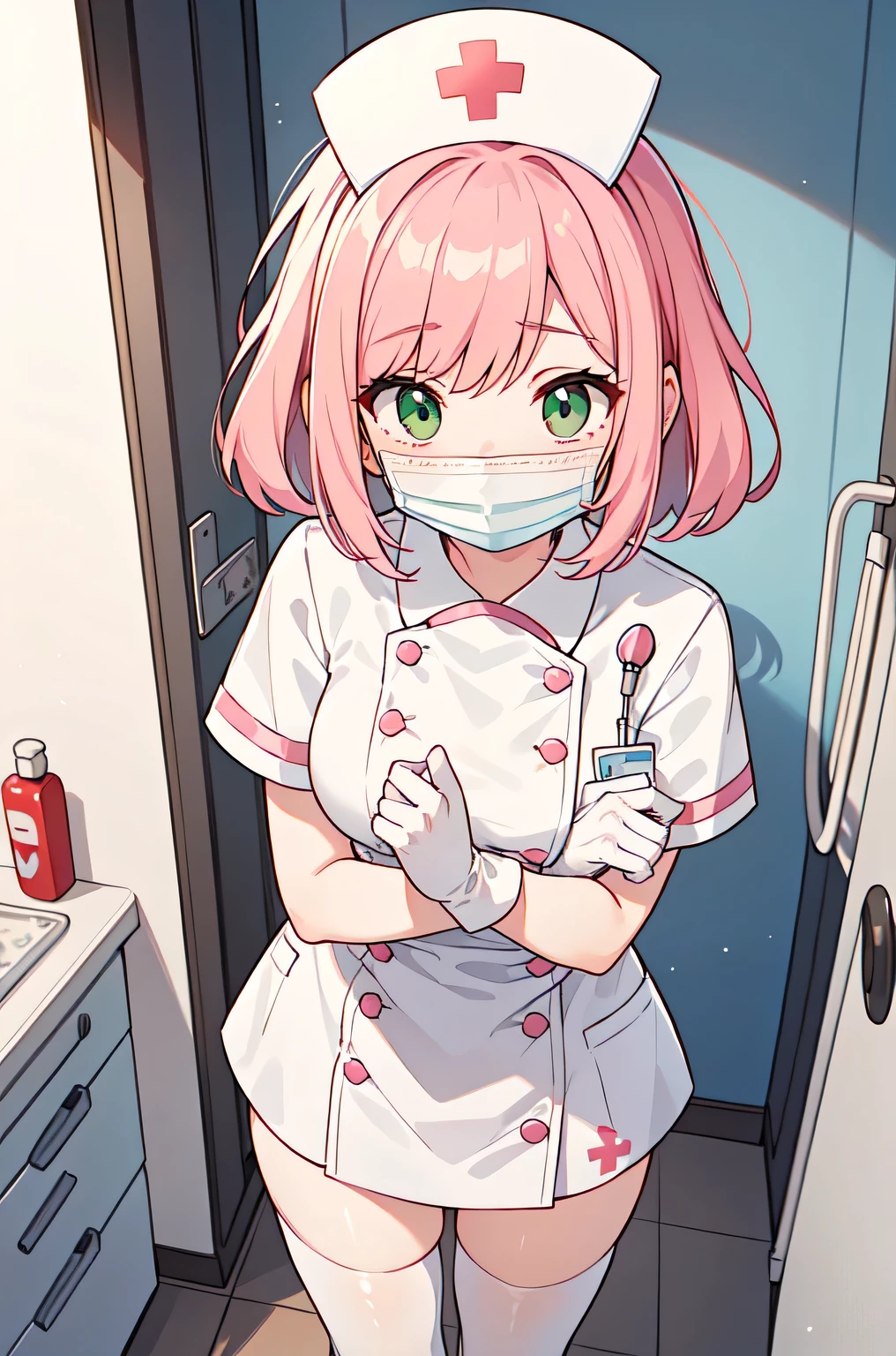 1girl, solo, nurse, white nurse cap, white nurse uniform, ((white legwear, zettai ryouiki)), white gloves, pink hair, green eyes, drooping eyes, ((white surgical mask, covered nose)), standing, ((hospital room)), sharp outline, short sleeves, best quality, masterpiece