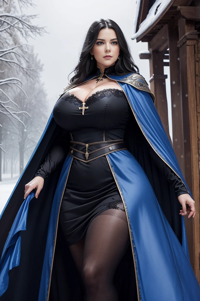 1mature, evil, middle-age, with black hair and blue eyes, detailed face, beautiful face,cleavage, curvys, tall, chubby, dress with cape, desing with christian cross ,background in snow in prussia