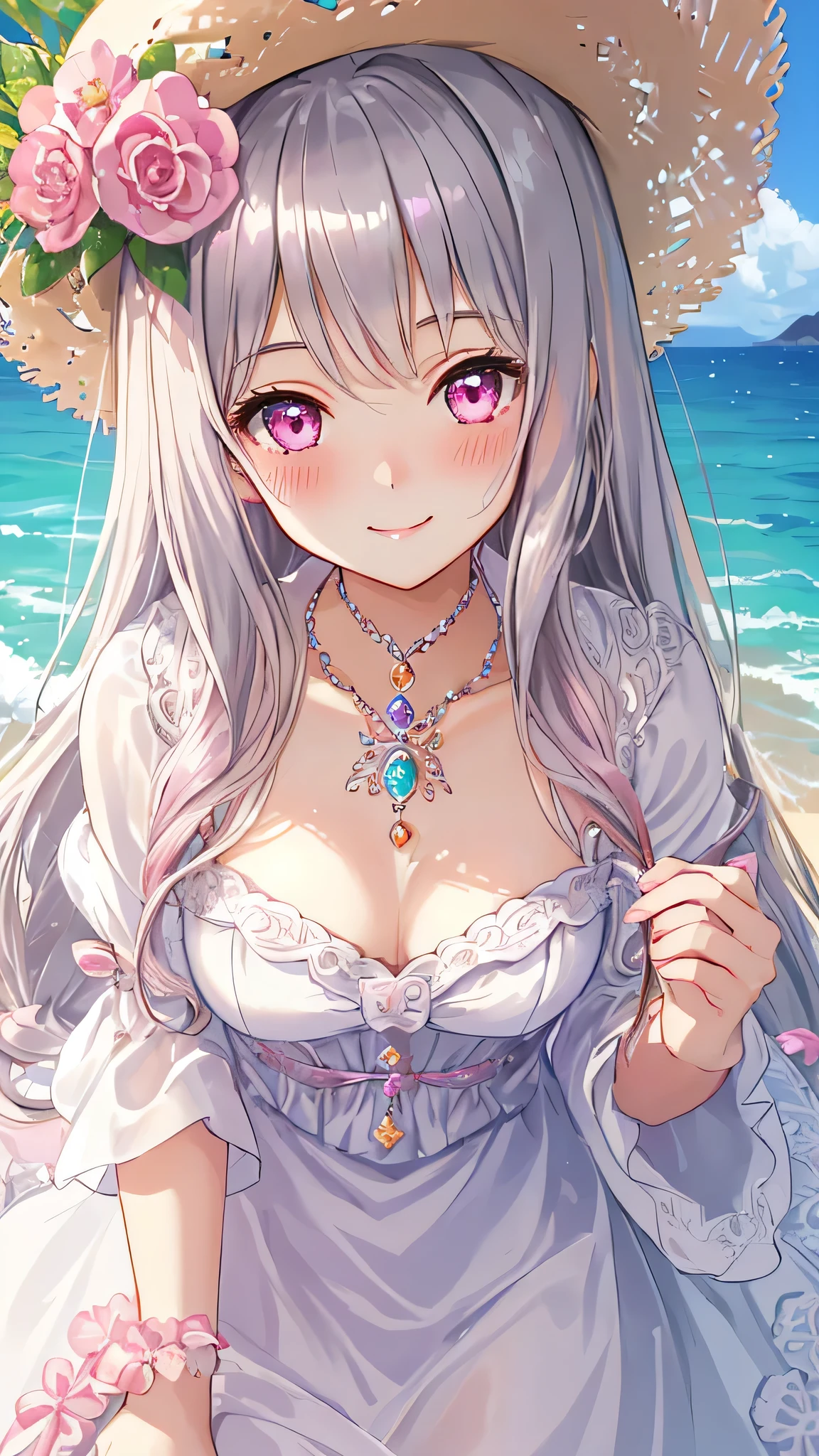 masterpiece,highest quality,Highly detailed face,fine grain,Sparkling eyes,Highlighted eyes,Center of chest,blush、smile、pretty girl,Cat ear,Beautiful silver hair,Pink inside,Beautiful pink eyes,one piece、Straw hat、Ocean