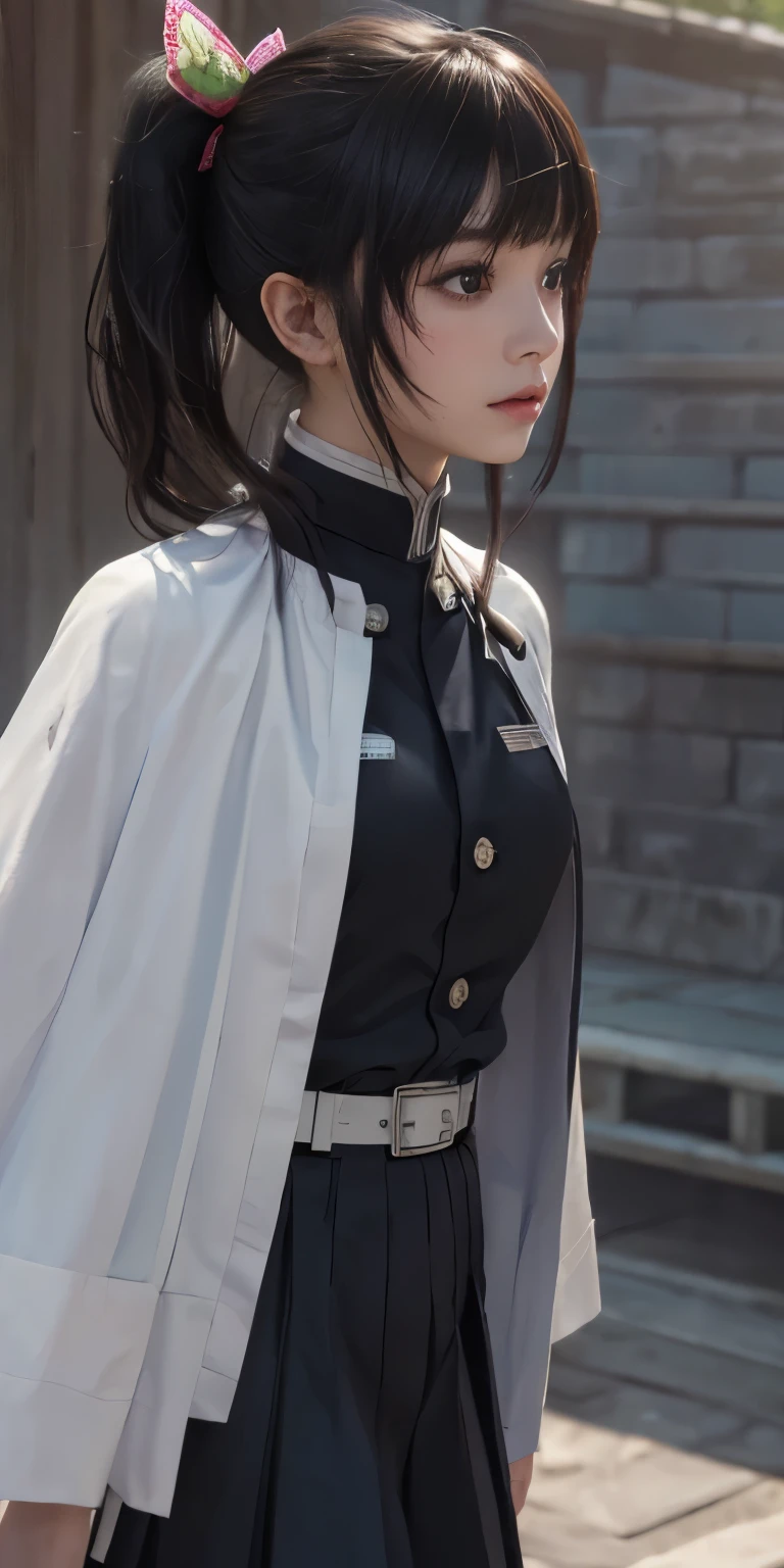 (RAW Photos, highest quality), (Realistic, Photorealistic Truth: 1.3), highest quality, Very detailed, masterpiece, Ultra-detailed, figure, One girl, kanao tsuyuri, ((Bangs Patsun,Side ponytail)),(( Demon Slayer uniform:1.4)), Butterfly Hair Ornament,( white belt), ( White Cape),, (Black jacket), (Pleated skirt), belt, (Black Skirt), knees, buckle, belt buckle, upper_body, Dynamic Angle, World Mastery Theatre, long hair flying, Fluorescent Centred, highest quality, Highly detailed CG integrated 8K wallpaper, ink, wonderful, Cinema Lighting, lens_Flare, wuxia_style,(((Straight Bangs:1.4))),(blunt bangs:1.4),