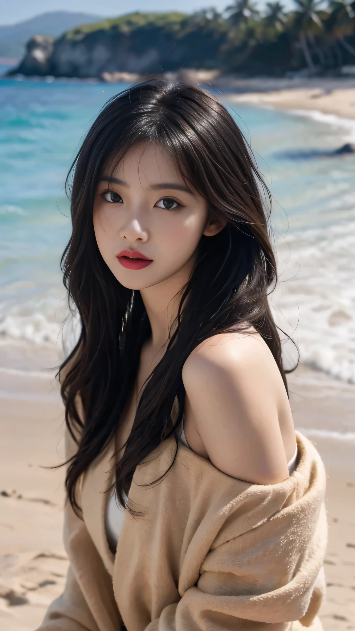 best quality,masterpiece,ultra high resolution,(actual:1.4),original photo,ultra high definition,8k,A perfect young female,in the dark,High picture quality,Black hair,Long hair flowing over the shoulders,Beach wave hairstyle,Hydrated red lips,Real Human,CG rendering