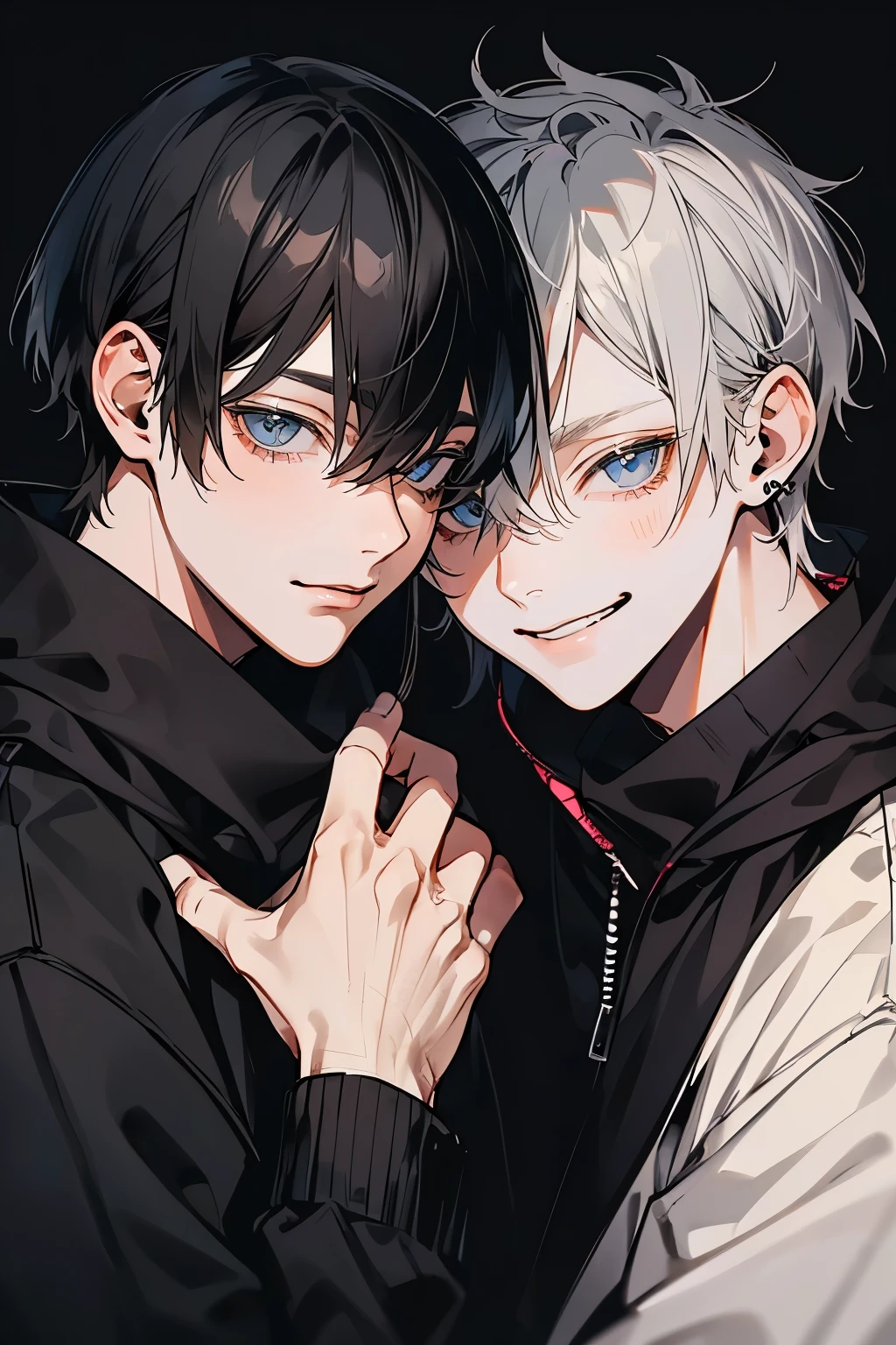 (Mastepiece), (Best Quality), Very detailed, ((Two men intimate:1.5)), Perfect Face, Beautiful Face, Very detailedな顔,(Black-haired man:1.3),(Grey-haired man:1.3)、(smile:1.4)