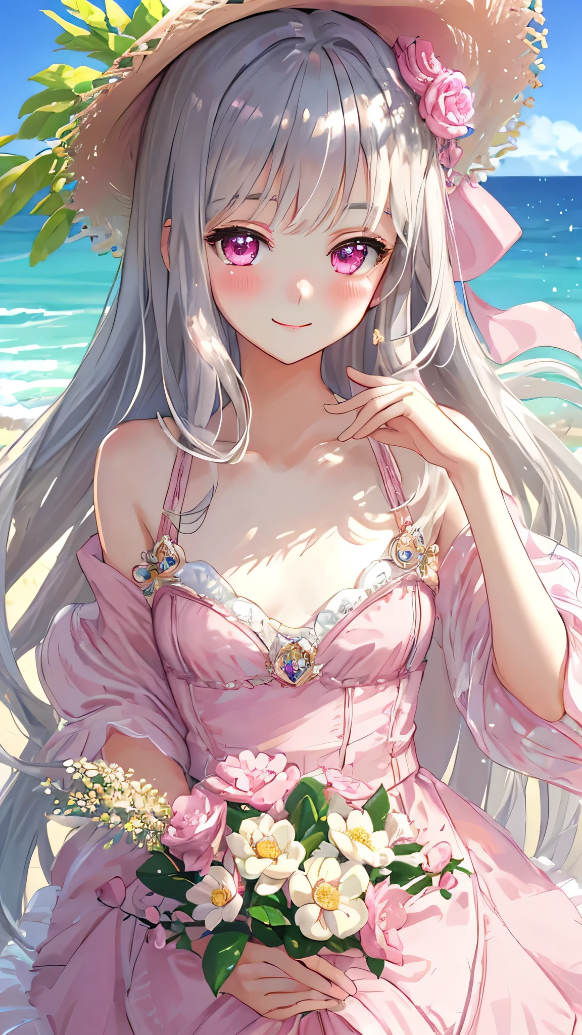 masterpiece,highest quality,Highly detailed face,fine grain,Sparkling eyes,Highlighted eyes,Center of chest,blush、smile、pretty girl,Cat ear,Beautiful silver hair,Pink inside,Beautiful pink eyes,one piece、Straw hat、Ocean