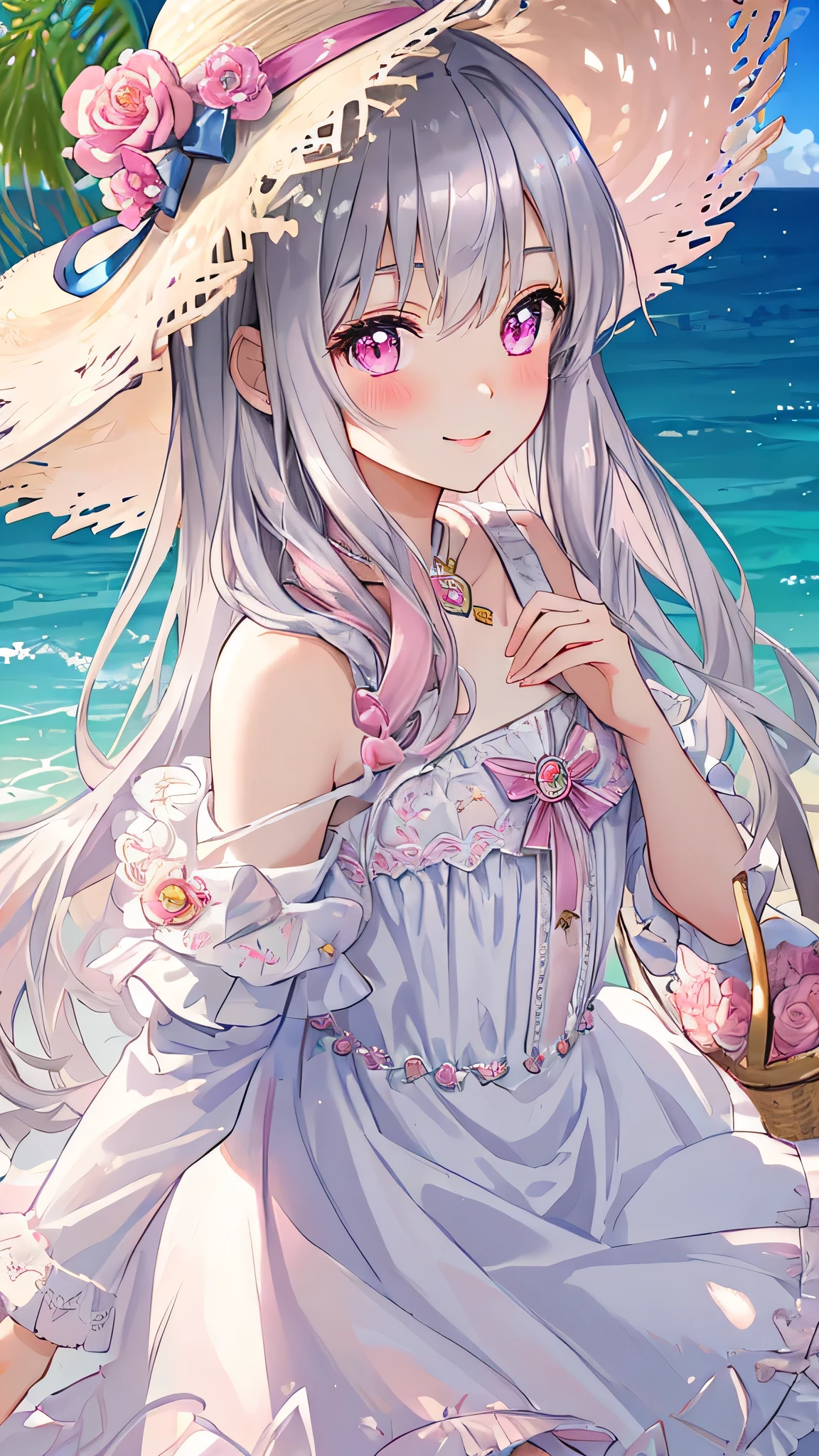 masterpiece,highest quality,Highly detailed face,fine grain,Sparkling eyes,Highlighted eyes,Center of chest,blush、smile、pretty girl,Cat ear,Beautiful silver hair,Pink inside,Beautiful pink eyes,one piece、Straw hat、Ocean