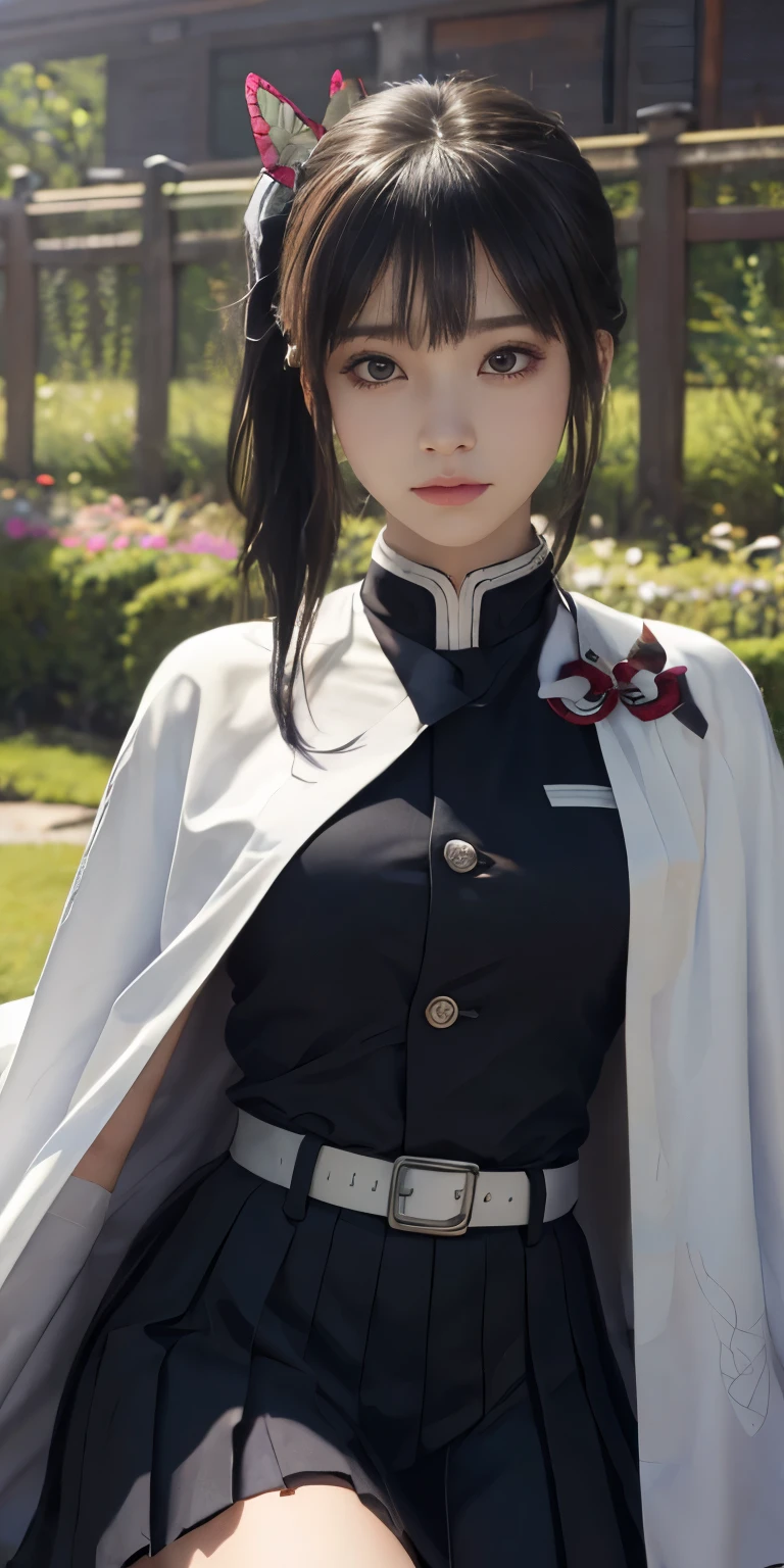 Ultra-realistic 8K CG,masterpiece,((Highly detailed background, Delicate pattern, Intricate details)),最high quality,very detailed 顔,Very detailed eyes and face,非常に細かい目Ultra-realistic 8K CG, masterpiece, close, beauty, from the front, 顔 sticking out, (Highly detailed background, Delicate pattern, Intricate details)), high quality, highly detailed 顔, Highly detailed eyes and 顔, Highly detailed eyes, One girl, kanao tsuyuri, (((Bangs Patsun))),(((Side ponytail))),(( Demon Slayer uniform:1.4)), Butterfly Hair Ornament,,( white belt), (Cape, white Cape),, (Black jacket), (Pleated skirt), belt, (Black Skirt), knees, buckle, Sword in sheath, belt buckle, (Black Shirt:1.0), sunlight, Tyndall effect, sword on waist,(garden:1.2),West Saber,Attractive posture, Giant tit, Close-up,A broad perspective,(Straight Bangs:1.4), (blunt bangs:1.4), Natural makeup,