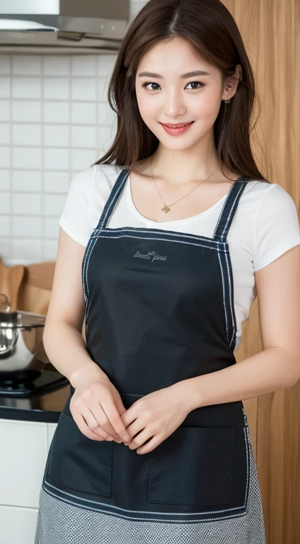 (highest quality, 8k, masterpiece: 1.3), Beautiful woman with perfect figure: 1.4, Dark brown hair, Wear a pendant, Wearing an apron, In the kitchen, Highly detailed face and skin, Fine grain, double eyelid, , smile