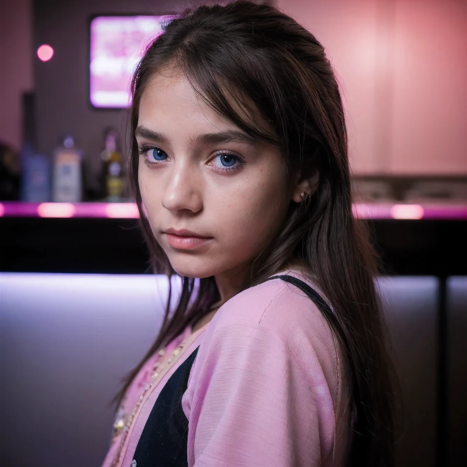 photo of a schoolgirl，8 years old, in Purple Pink, futuristic cotton and linen, (freckles:0.8) cute face, sci-fi, dystopian, detailed eyes, cobalt blue eyes（（Side view））Disco bar