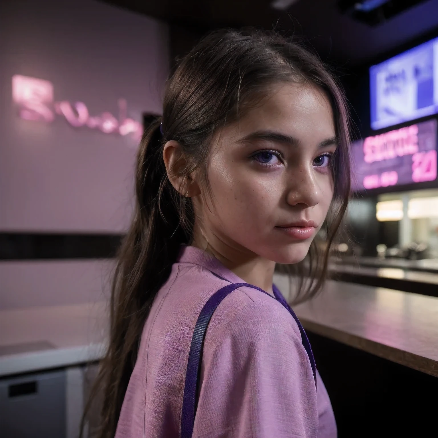 photo of a schoolgirl，8 years old, in Purple Pink, futuristic cotton and linen, (freckles:0.8) cute face, sci-fi, dystopian, detailed eyes, cobalt blue eyes（（Side view））Disco bar