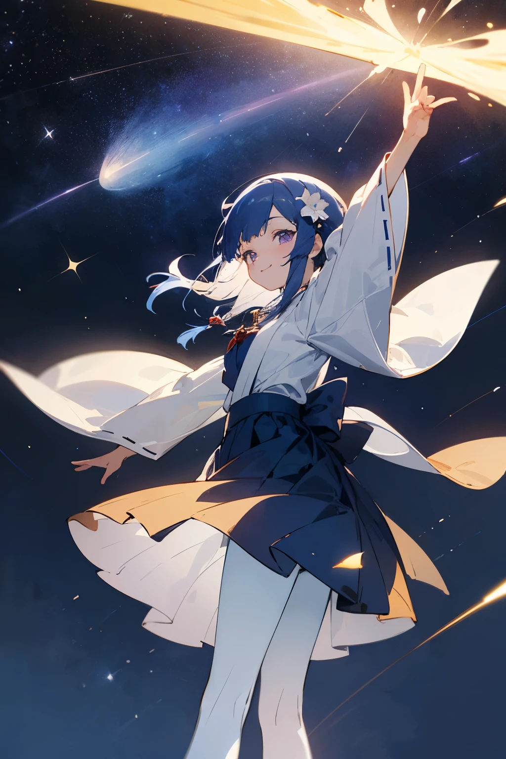 2DAnime illustration、midnight、starry skies、Navy Blue Hair、Purple Eyes、smile、Young face、14-year-old girl、The eyes are looking at the stars、Hands are stretched upwards、White flower hair ornament、Anime illustration、Young face、Medium style hair length、Raise your arms to the sky、Innocence、Stars around her々Sparkling、Dressed like a shrine maiden, wearing a navy blue skirt、White tights、Looking back、shooting star、Looking away、Normal number of fingers、Fingers and hand are in normal position、Number of fingers is 5