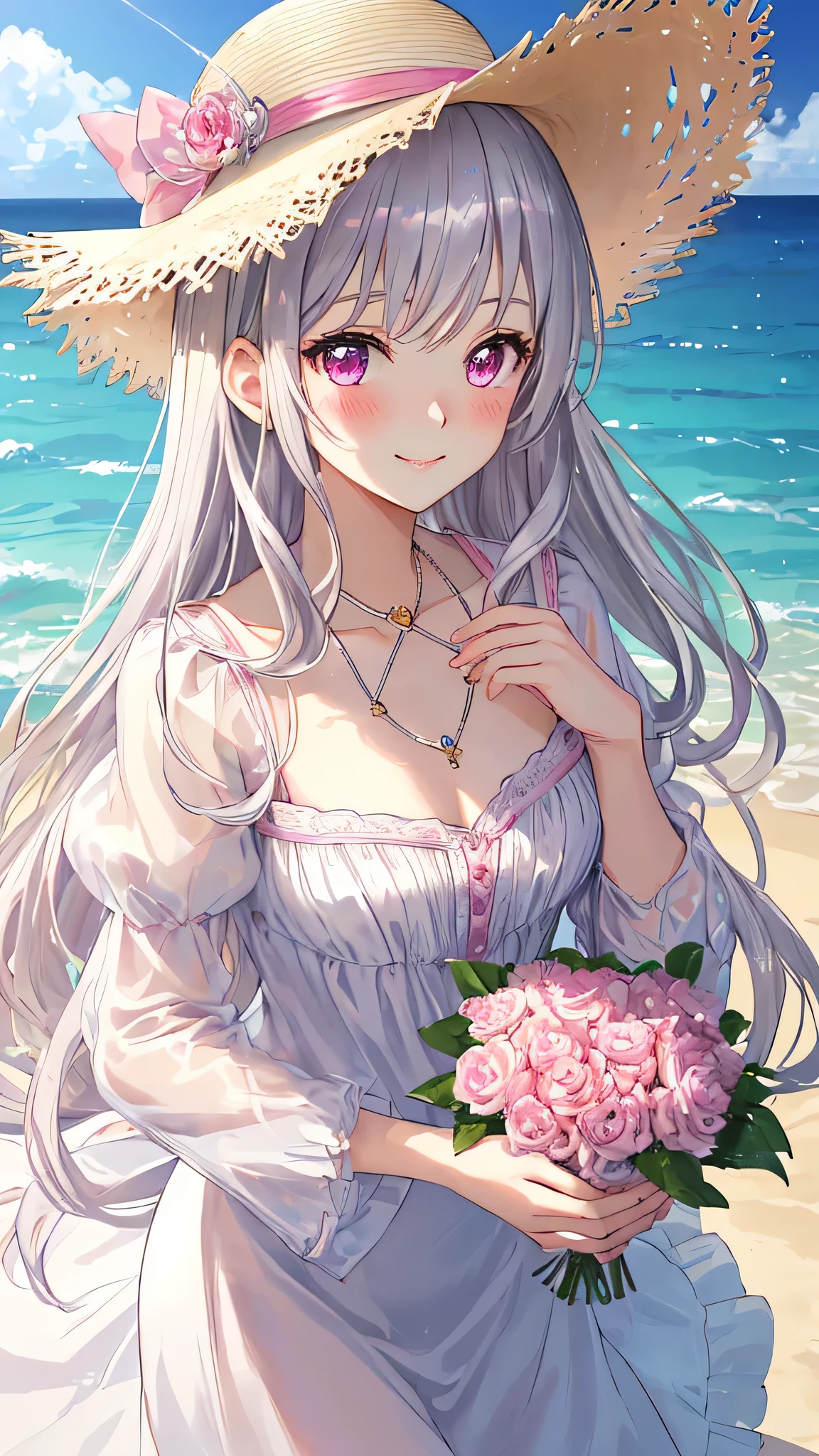 masterpiece,highest quality,Highly detailed face,fine grain,Sparkling eyes,Highlighted eyes,Center of chest,blush、smile、pretty girl,Cat ear,Beautiful silver hair,Pink inside,Beautiful pink eyes,one piece、Straw hat、Ocean