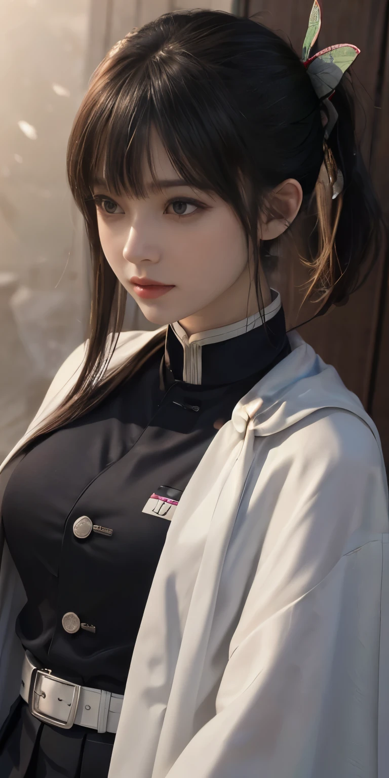 (RAW Photos, highest quality), (Realistic, Photorealistic Truth: 1.3), highest quality, Very detailed, masterpiece, Ultra-detailed, figure, One girl, kanao tsuyuri, ((Bangs Patsun,Side ponytail)),(( Demon Slayer uniform:1.4)), Butterfly Hair Ornament,( white belt), ( White Cape),, (Black jacket), (Pleated skirt), belt, (Black Skirt), knees, buckle, belt buckle, upper_body, Dynamic Angle, World Mastery Theatre, long hair flying, Fluorescent Centred, highest quality, Highly detailed CG integrated 8K wallpaper, ink, wonderful, Cinema Lighting, lens_Flare, wuxia_style,(((Straight Bangs:1.4))),(blunt bangs:1.4), Natural makeup,Attractive posture, Giant tit, Close-up,A broad perspective,