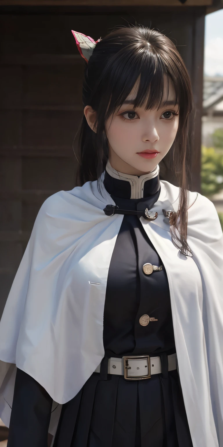 (RAW Photos, highest quality), (Realistic, Photorealistic Truth: 1.3), highest quality, Very detailed, masterpiece, Ultra-detailed, figure, One girl, kanao tsuyuri, ((Bangs Patsun,Side ponytail)),(( Demon Slayer uniform:1.4)), Butterfly Hair Ornament,( white belt), ( White Cape),, (Black jacket), (Pleated skirt), belt, (Black Skirt), knees, buckle, belt buckle, upper_body, Dynamic Angle, World Mastery Theatre, long hair flying, Fluorescent Centred, highest quality, Highly detailed CG integrated 8K wallpaper, ink, wonderful, Cinema Lighting, lens_Flare, wuxia_style,(((Straight Bangs:1.4))),(blunt bangs:1.4), Natural makeup,Attractive posture, Giant tit， Close-up,A broad perspective,