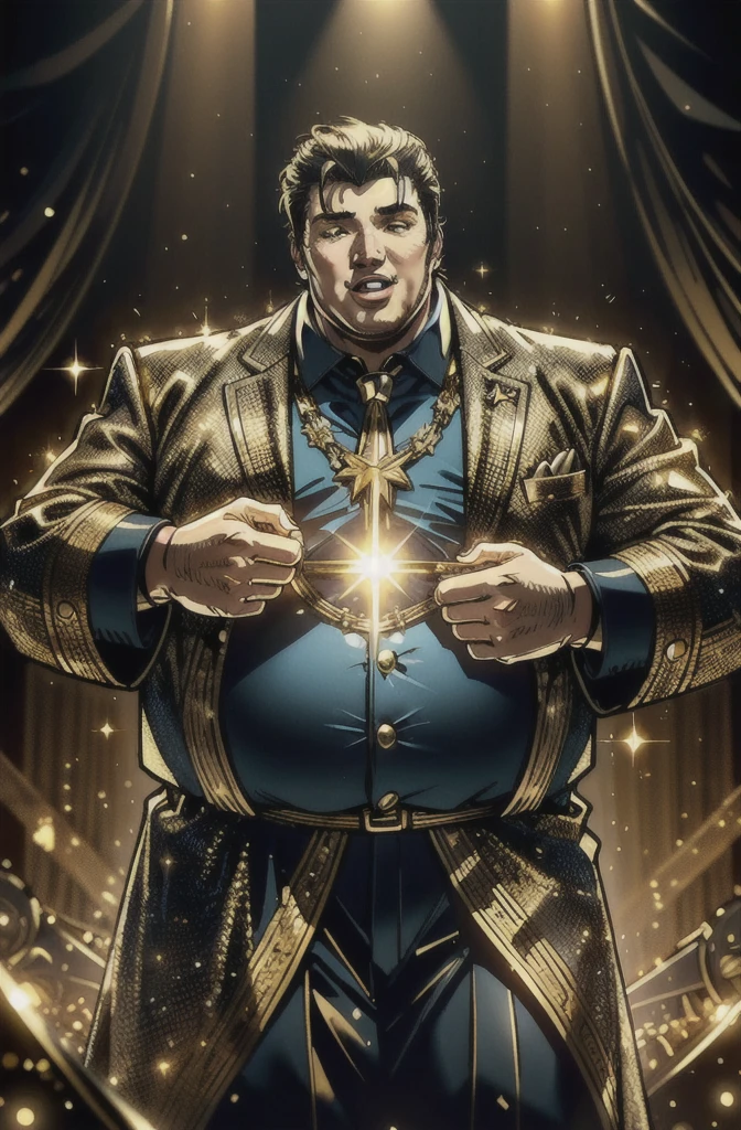 (masterpiece, highest quality, detailed), High Contrast, Bright light, (Backlight, Stage lighting, Laughter:1.2), (Gold color scheme:1.2), Midas Magic, Sparkle, Shine, Shine, Break 1 Boy, (Fat, Color, Dress up as Elvis:1.1), Simple Background, 