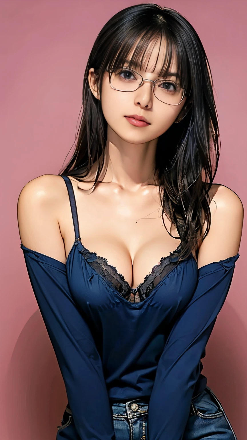 1 Female,Face and body facing forward,wariza,hand between legs,press breasts together,from the front,Ultra-realistic as a photo,highest quality,8k, Ultra-high resolution,RAW Photos,well-proportioned body,Beauty,Beautiful breasts,Focus on face and chest,POV,Sexy silk bra,Tight jeans,Sharpness,Glasses,to close range,asuka saitou,