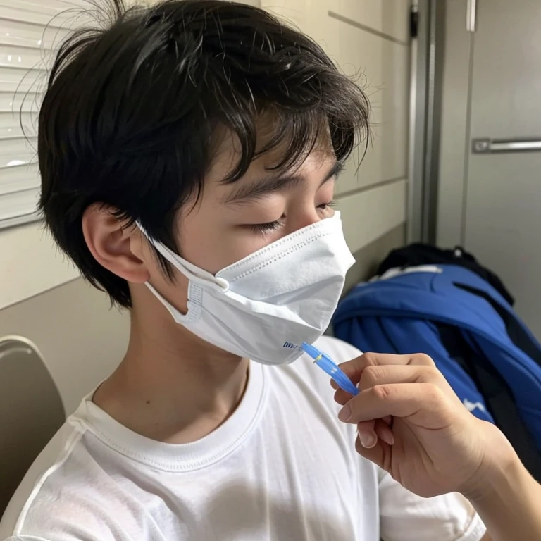 Handsome１０A boy about 18 years old has an infectious disease and looks distressed. He is wearing a white mask. He has a high fever. He is sleeping. He is coughing. He is exhausted. He is taking his temperature with a thermometer. He looks like he is about to die.