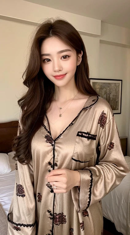 (highest quality, 8k, masterpiece: 1.3), Beautiful woman with perfect figure: 1.4, Dark brown hair, Wear a pendant, Wearing pajamas, In the bedroom, Highly detailed face and skin,double eyelid, ,smile