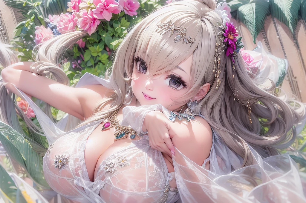 50 year old mature woman, Looking at the audience, Attractive breasts,Sensual curves、bubble、Full Body Shot,Nightgown, Charming smile, Thick lips, plump唇, blush, Looking at the audience, Provocative expression, Beautiful Hairstyles, Cleavage, plump、Curvy Hips、Attractive face、Mischievous face、Sexy Lingerie、An inviting gaze、Expressing emotions、colored feather, Money属装飾品, particle, Light, (masterpiece, highest quality, highest quality, Official Art, beautifully、aesthetic:1.2), (1 girl:1.3), Very detailed,(Fractal Art:1.1),(colorful:1.1)(flowerズ:1.3),Most detailed, (Dynamic pose), (Shiny skin), (Many colors :1.4), ,(Earrings:1.4), (feather:1.4),masterpiece, 30~40 years, Mr.々Hair style,Moneyのヘッドバンド,Tulle covers the chest,Perfect balance, Detailed details of the garment,marble,cinematicLighting, Film Grain, contrast of Light and dark,High detail,(((Gorgeous Accessories))))、Openwork decoration,(((See-through dress)))、(((Anatomically correct body))) ,1 girl, (High resolution), (8k), (Very detailed), Perfect Face, Beautiful eyes and face, (((highest quality))), (Very detailed), Detailed face and eyes, Beautiful Eyes,(((Sexy pose,Beautiful Eyes、Transparent double eyelids、(((Super gorgeous background)))、Bright Eyes,Money,diamond,gem,Body Chain,Luxury Accessories,beautifully、aesthetic,flower、(((Super gorgeous background)))、Bright Eyes