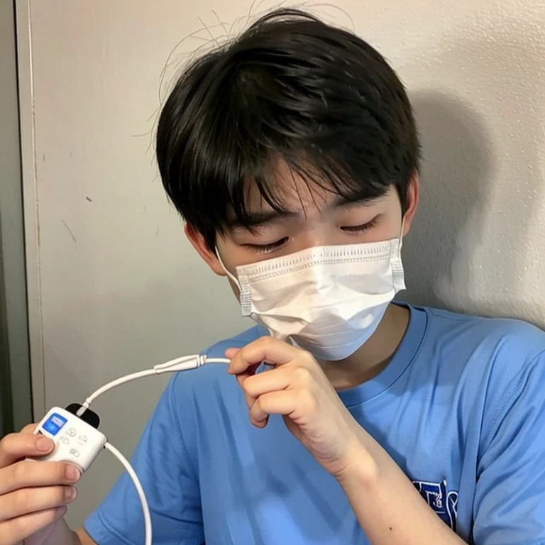 Handsome10A boy about 18 years old has an infectious disease and looks distressed. He is wearing a white mask. He has a high fever. He is sleeping. He is coughing. He is exhausted. He is taking his temperature with a thermometer. He looks like he is about to die.
