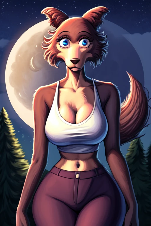 Beastars art style, beastars, Juno, brown wolf, she Wolf, 1girl, furry, long curly brown fur, slim figure, blue eyes, wide hips, Big breasts, crop top, cleavage, night time, moon