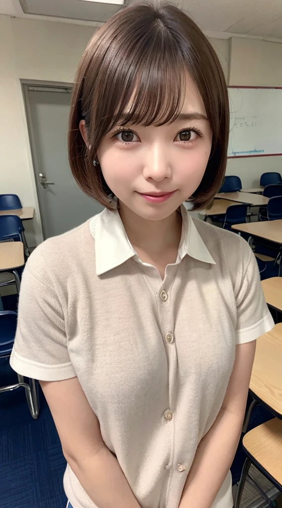 masterpiece, highest quality, superior_Mikoto, Brown eyes, Look at Audiences, solo, short_hair, Closed_mouth, With collar_shirt, 見superiorげる_in_Audience, School_uniform, shirt, white_shirt, big_chest,大きすぎるchest、、 classroom、Japanese、Best、sweater & Best、Laughter、Middle school students、Cowboy Shot