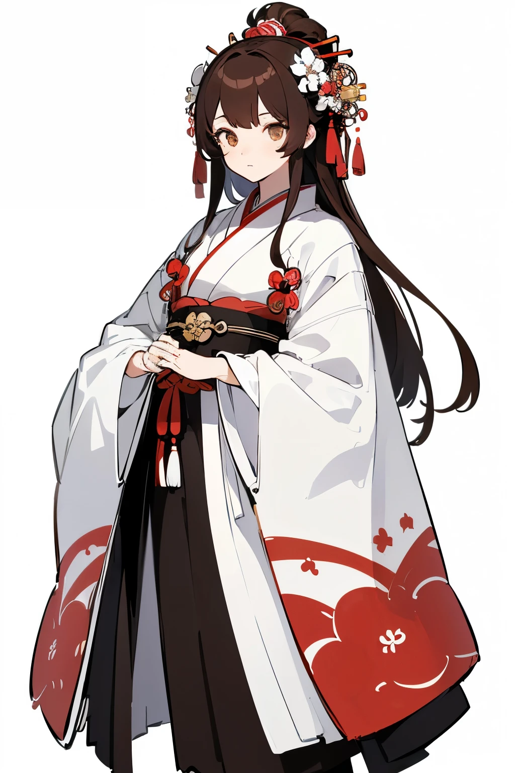 Reference Sheet, Matching outfits, ((最high quality)), ((masterpiece)), (Character Full Body), (((最high quality, high quality))), ((((超High resolution, High resolution))), (Concept Art), 1 girl, Standing up, Distinct facial features，Simple line design，Transparent Background，(masterpiece，Top Quality，最high quality, Distinct facial features，beautiful目，beautiful顔), beautiful, (((Simple and detailed))) (((White Background))) Six and a half whole bodies, ((No light))), Random hairstyle, Brown Hair Color, Random eye color, flower, Japanese Shrine Maiden,
