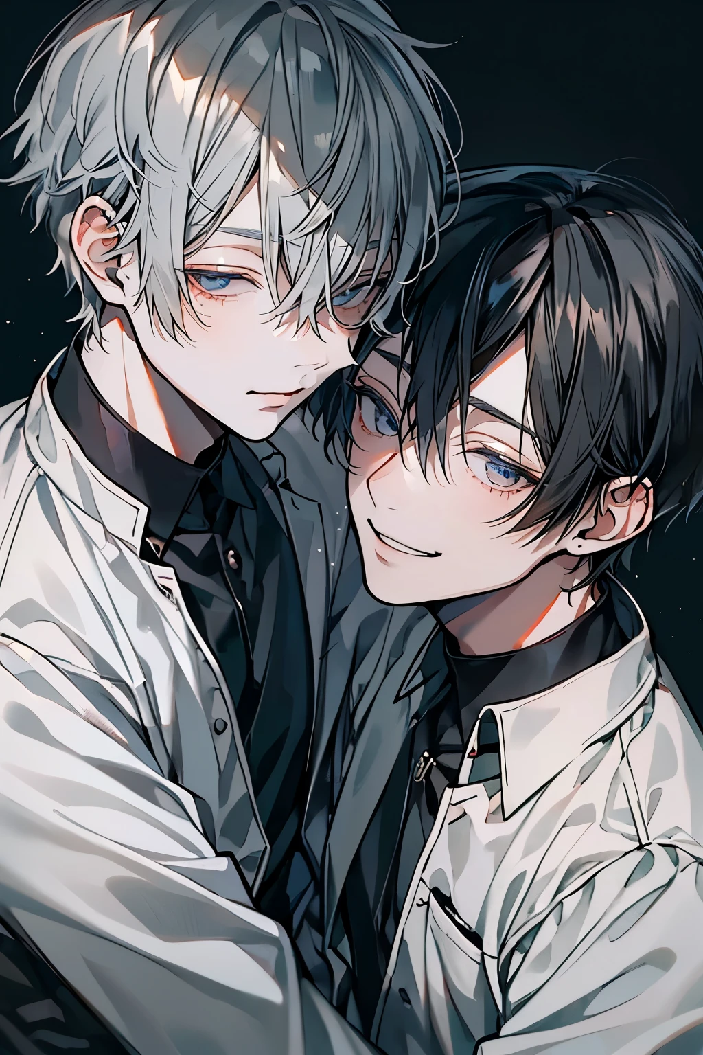 (Mastepiece), (Best Quality), Very detailed, ((Two men intimate:1.5)), Perfect Face, Beautiful Face, Very detailedな顔，(Black-haired man:1.3)，(Grey-haired man:1.3)、(smile:1.4)