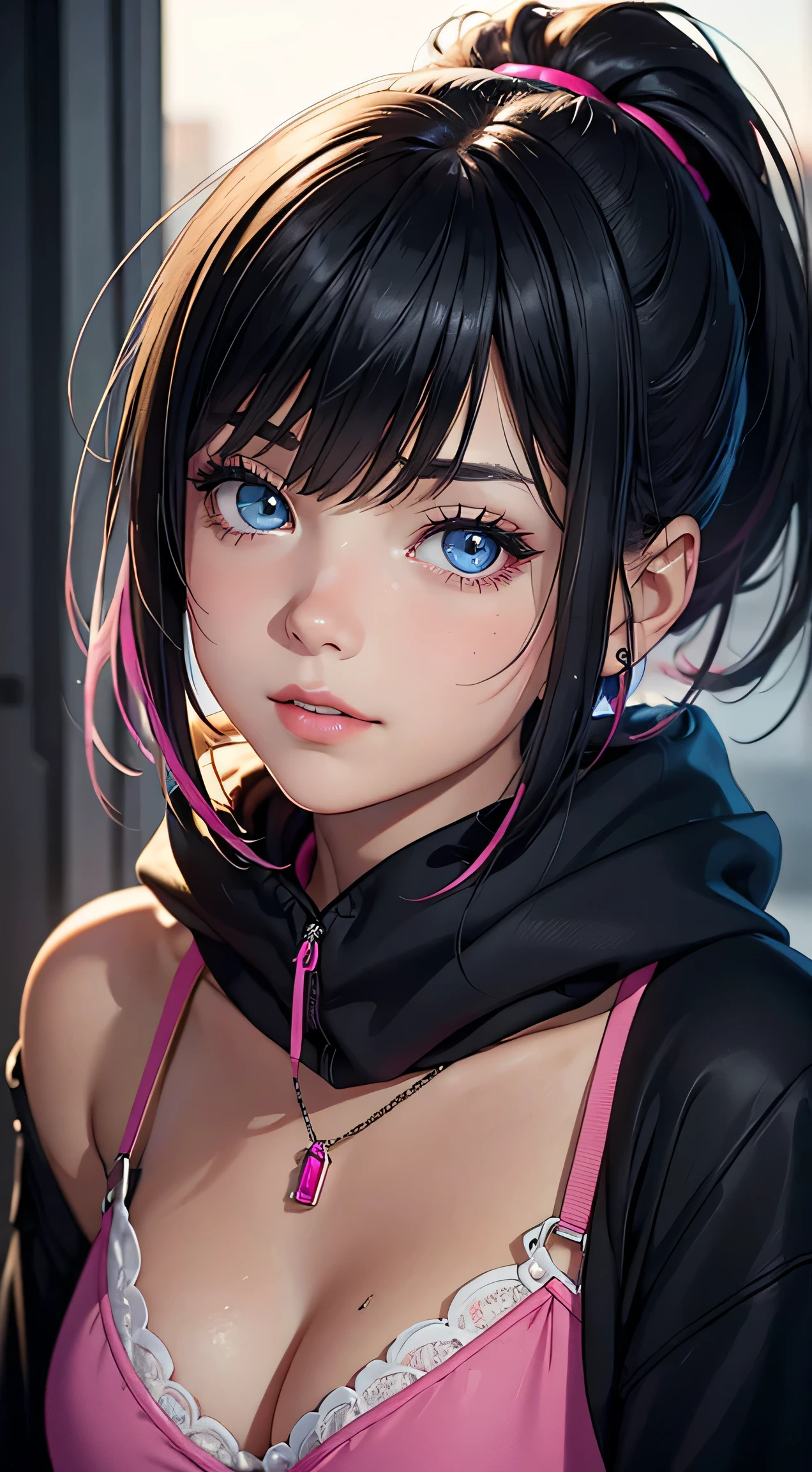 semi-realistic cinematic artwork, a close up on a mischevieous girl wearing a black hoodie with neon pink details, neon pink, cute expression, curious eyes, shimmering eyes, short hair, (smilling), ponytail, she has lovely bangs, the girl wears a cute earing, necklace, beautiful vivid eyes, portrait of a sensual girl, comfy, the iamge trasnmit good feeling, relaxed atsmophere, realxed expression, detailed strands of hair, soft lips, elegant. gracious girl, depth of field, detailed iris