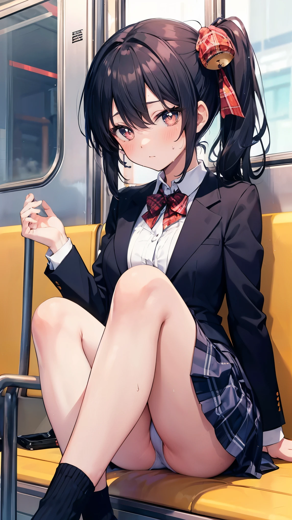 Anatomically correct,(Masterpiece:1.2), (high quality), (pixiv:1.4), (anime:1.4), panties, loose socks, black hair, buttocks, blue skirt, solo, blazer type, loose socks, lifting clothes, brown eyes, pure gaze, miniskirt, herself lift, plaid skirt, blush,((medium breasts)), (heart-shaped pupils),(side ponytail), (a lot of sweat), Long hair, Physical education sitting, beauty legs, ((on the train))