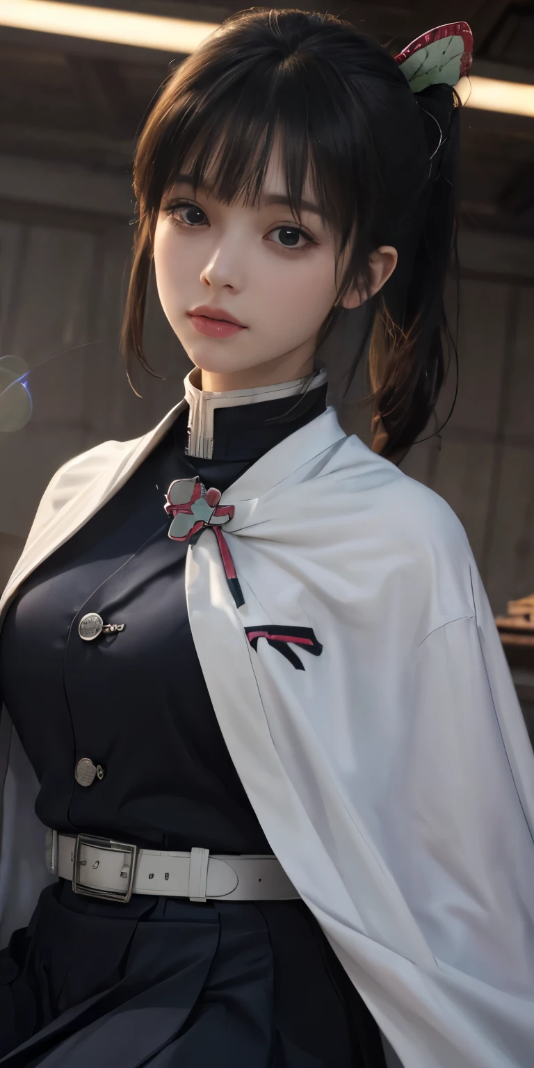 (RAW Photos, highest quality), (Realistic, Photorealistic Truth: 1.3), highest quality, Very detailed, masterpiece, Ultra-detailed, figure, One girl, kanao tsuyuri, ((Bangs Patsun,Side ponytail)),(( Demon Slayer uniform:1.4)), Butterfly Hair Ornament,( white belt), ( White Cape),, (Black jacket), (Pleated skirt), belt, (Black Skirt), knees, buckle, belt buckle, upper_body, Dynamic Angle, World Mastery Theatre, long hair flying, Fluorescent Centred, highest quality, Highly detailed CG integrated 8K wallpaper, ink, wonderful, Cinema Lighting, lens_Flare, wuxia_style,(((Straight Bangs:1.4))),(blunt bangs:1.4), Natural makeup,Attractive posture, Giant tit， Close-up,A broad perspective,