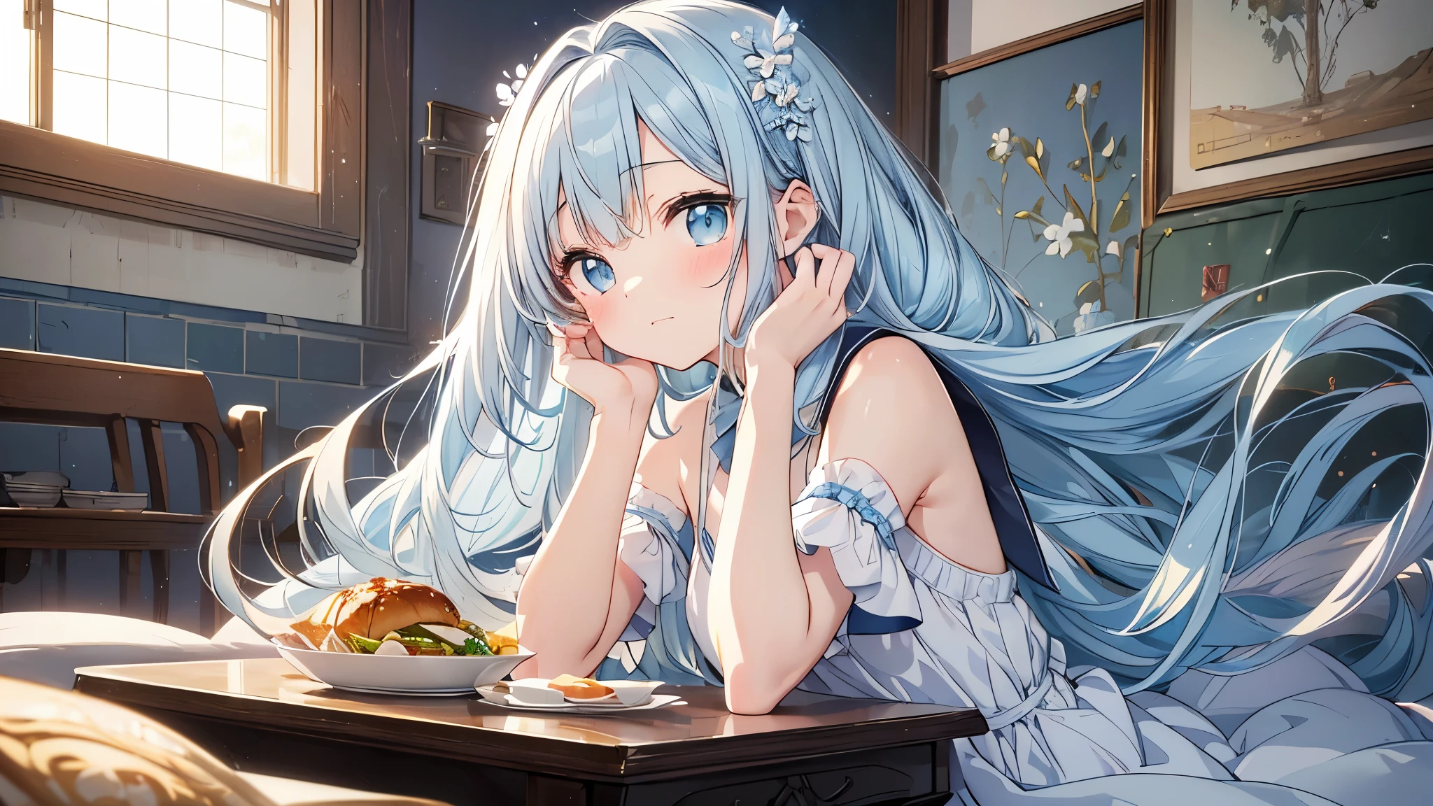 masterpiece, best quality, extremely detailed, (illustration, official art:1.1), 1 girl ,(((( light blue long hair)))), light blue hair, ,10 years old, long hair ((blush)) , cute face, big eyes, masterpiece, best quality,(((((a very delicate and beautiful girl))))),Amazing,beautiful detailed eyes,blunt bangs((((little delicate girl)))),tareme(true beautiful:1.2), young girl、smile,((Finest quality)),(超A high resolution),(ultra-detailliert),((Best Anime)),sharpnes,Clair,Art with astounding depictions, (hi-school girl:1.3), There is a Western-style meal on the table,The restaurant is blue and white series,
,JPkitchen