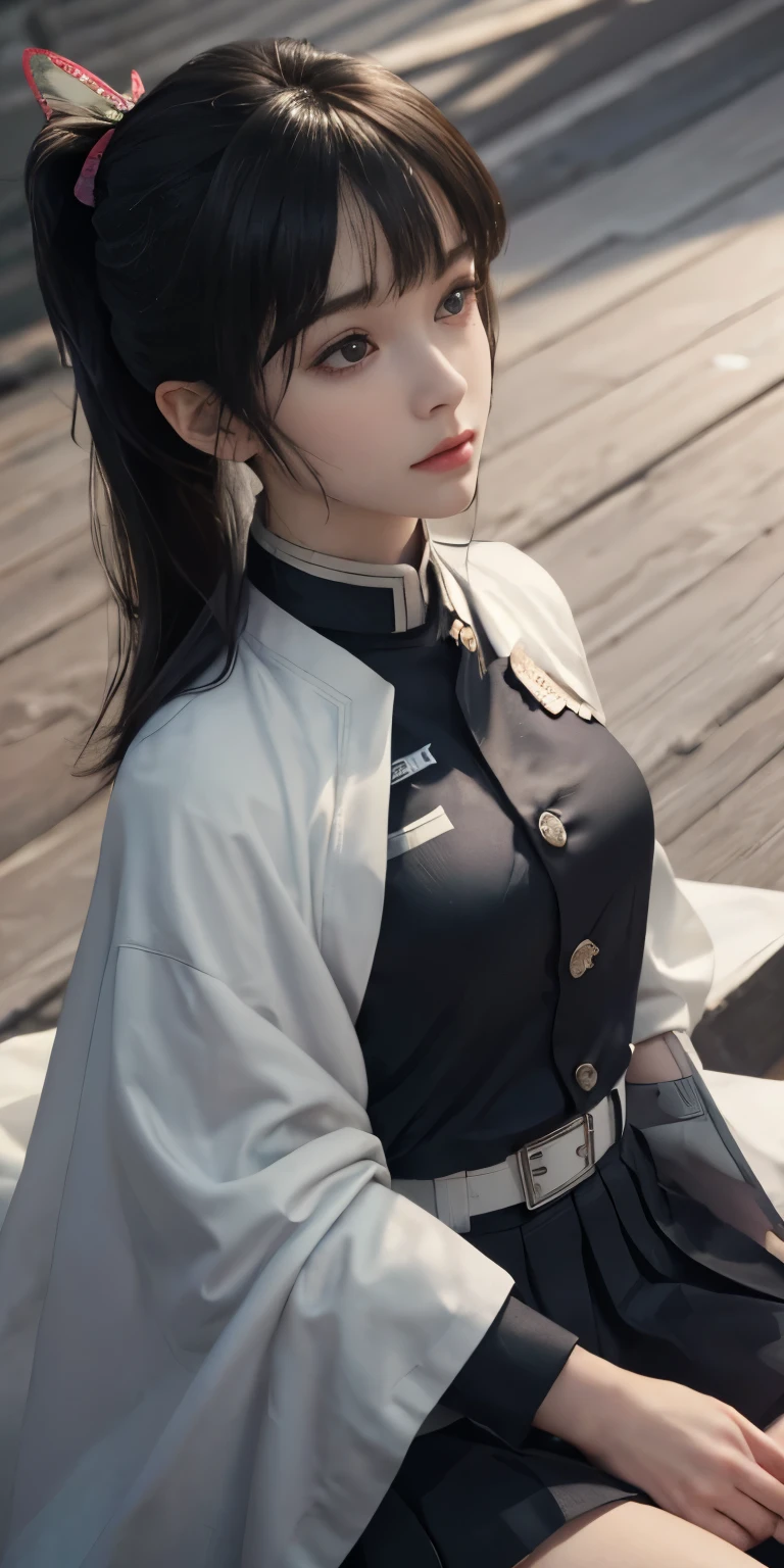 (RAW Photos, highest quality), (Realistic, Photorealistic Truth: 1.3), highest quality, Very detailed, masterpiece, Ultra-detailed, figure, One girl, kanao tsuyuri, ((Bangs Patsun,Side ponytail)),(( Demon Slayer uniform:1.4)), Butterfly Hair Ornament,( white belt), ( White Cape),, (Black jacket), (Pleated skirt), belt, (Black Skirt), knees, buckle, belt buckle, upper_body, Dynamic Angle, World Mastery Theatre, long hair flying, Fluorescent Centred, highest quality, Highly detailed CG integrated 8K wallpaper, ink, wonderful, Cinema Lighting, lens_Flare, wuxia_style,(((Straight Bangs:1.4))),(blunt bangs:1.4), Natural makeup,Attractive posture, Giant tit， Close-up,A broad perspective,