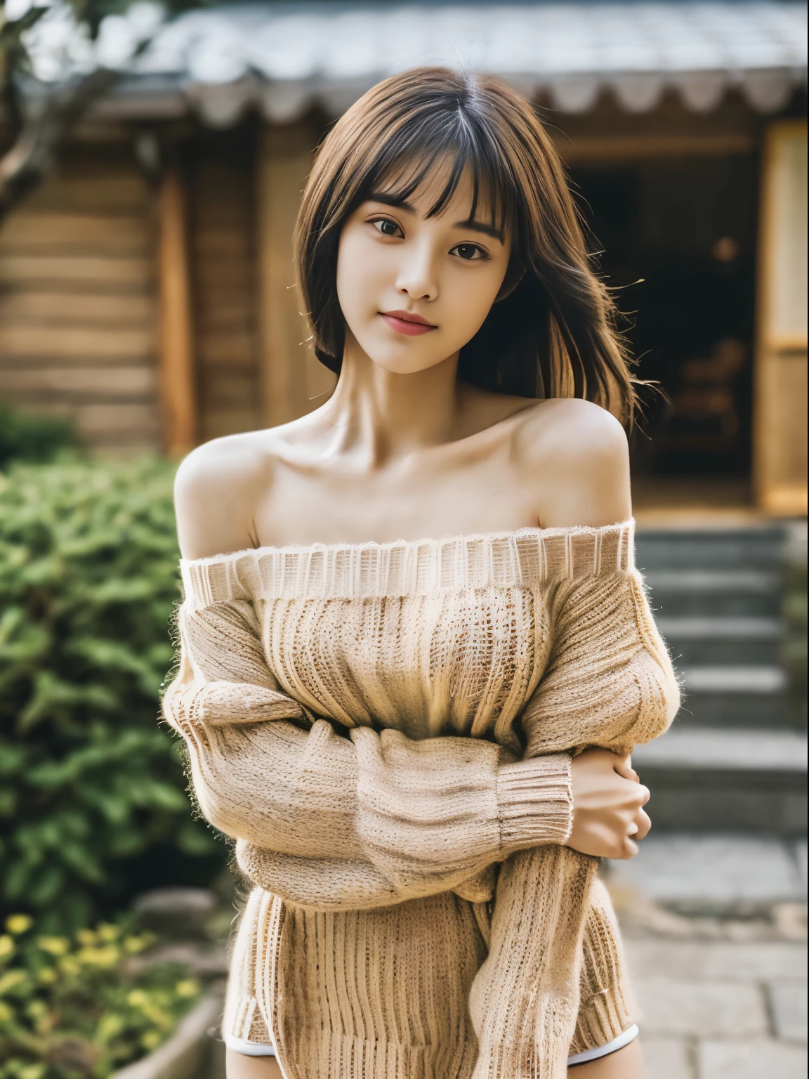 (top-quality、8K、​masterpiece:1.2),  (Cute Japan Beautiful Girl、18year old:1.4)、(Neat and beautiful face、the golden ratio:1.5)、 (Very fine eye definition, Symmetrical eyes:1.3), (Brown eyes, Parted bangs, Lustrous black hair:1.2)、(Perfect body without contradiction、Perfect limbs without contradiction:1.7)、(shinny skin:1.2)、(Beautiful large breast:1.7)、(Constricted waist:1.5)、(Off-the-shoulder loose knit、tight miniskirt:1.3) 、(bending forward:1.2)、(Looking at the camera:1.4)、outside of house、the wind、optic、blurry backround