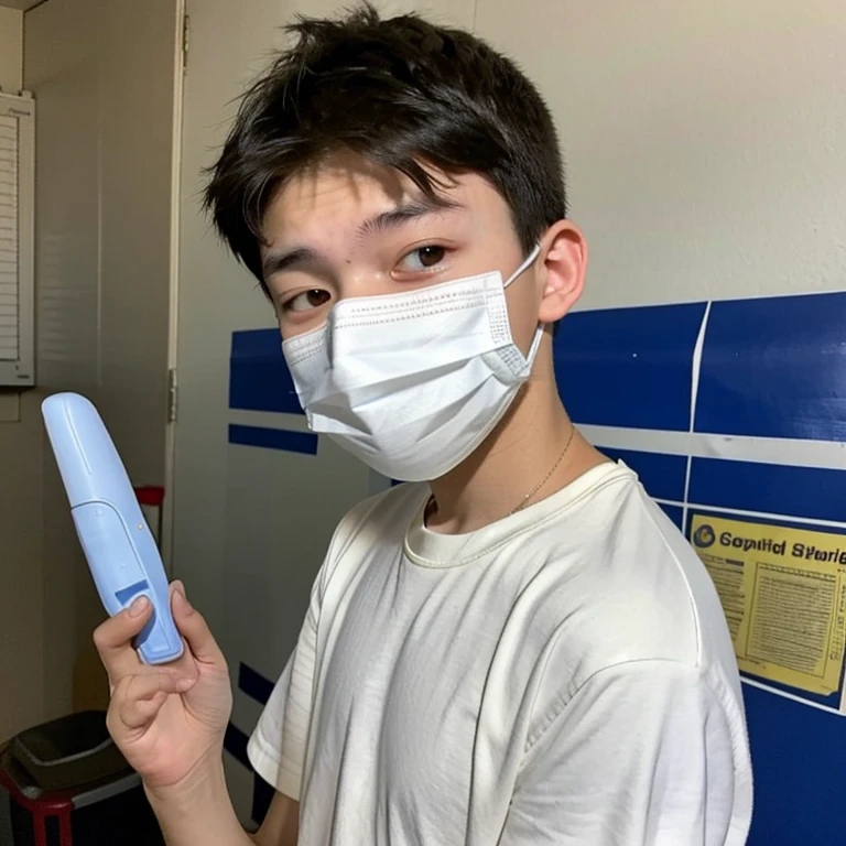 Handsome10A boy about 18 years old has an infectious disease and looks distressed. He is wearing a white mask. He has a high fever. He is sleeping. He is coughing. He is exhausted. He is taking his temperature with a thermometer. He looks like he is about to die.