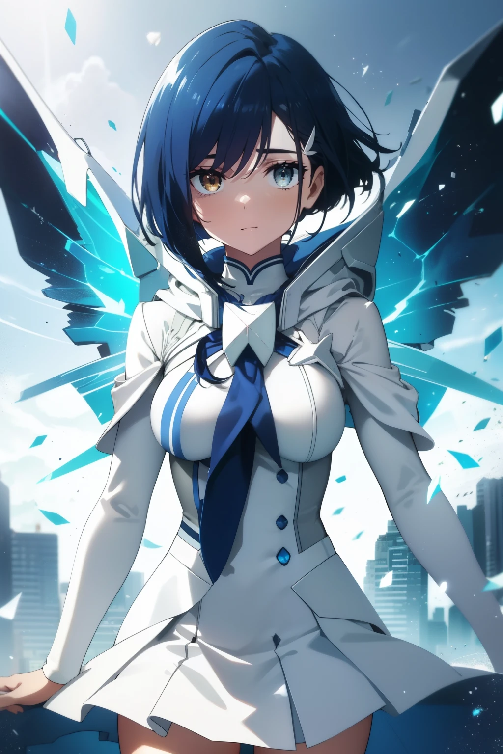 Best quality, beautiful face, detailed, perfect body, 
Girl, Green eyes, cute smile, short dark blue hair, cute Smile, white hair clip, small cute body, normal-sized cute breasts, white light jacket, blue butterfly tie, blue winter jacket, gray school skirt, city background , Ichigo from Darling in the Franxx 