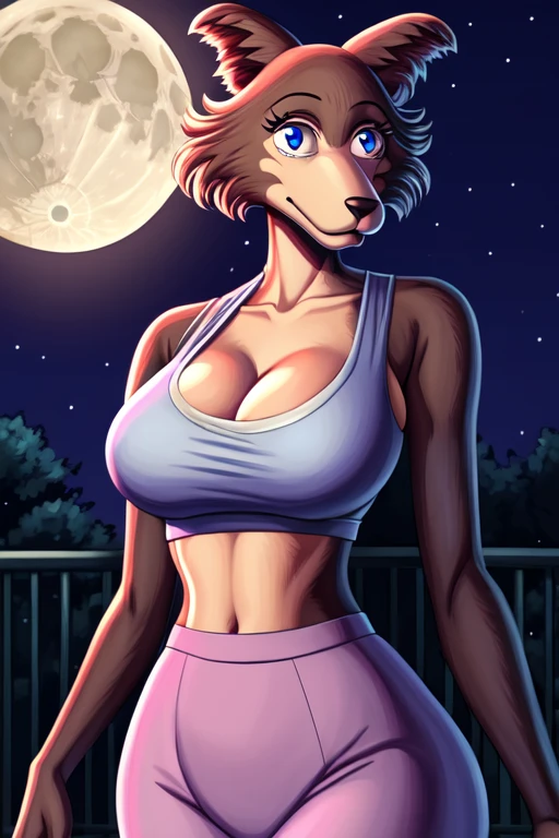Beastars art style, beastars, Juno, brown wolf, she Wolf, 1girl, furry, long curly brown fur, slim figure, blue eyes, wide hips, Big breasts, crop top, cleavage, night time, moon