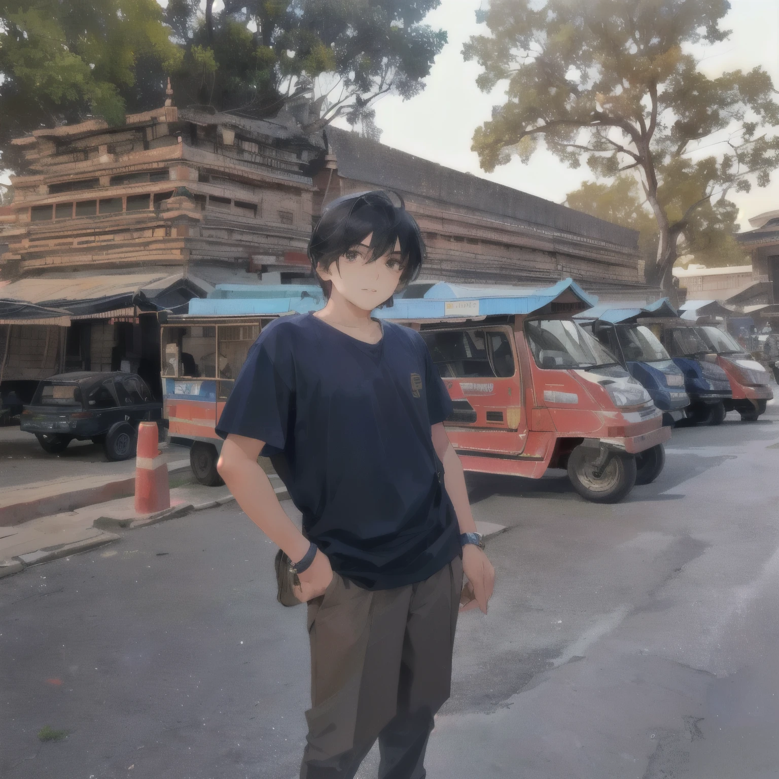 Aarav stands in front of a line of tuk-tuks., Thawan Duchanee, Niwan Chandra, Profile picture 1024px, in style of Thawan Duchanee, At an ancient city, In front of the temple, in the city street, Photos taken in 2018