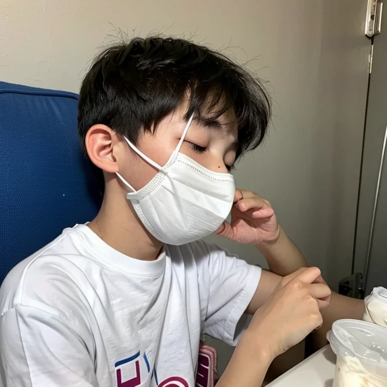 Handsome10A boy about 18 years old has an infectious disease and looks distressed. He is wearing a white mask. He has a high fever. He is sleeping. He is coughing. He is exhausted. He is taking his temperature with a thermometer. He looks like he is about to die.