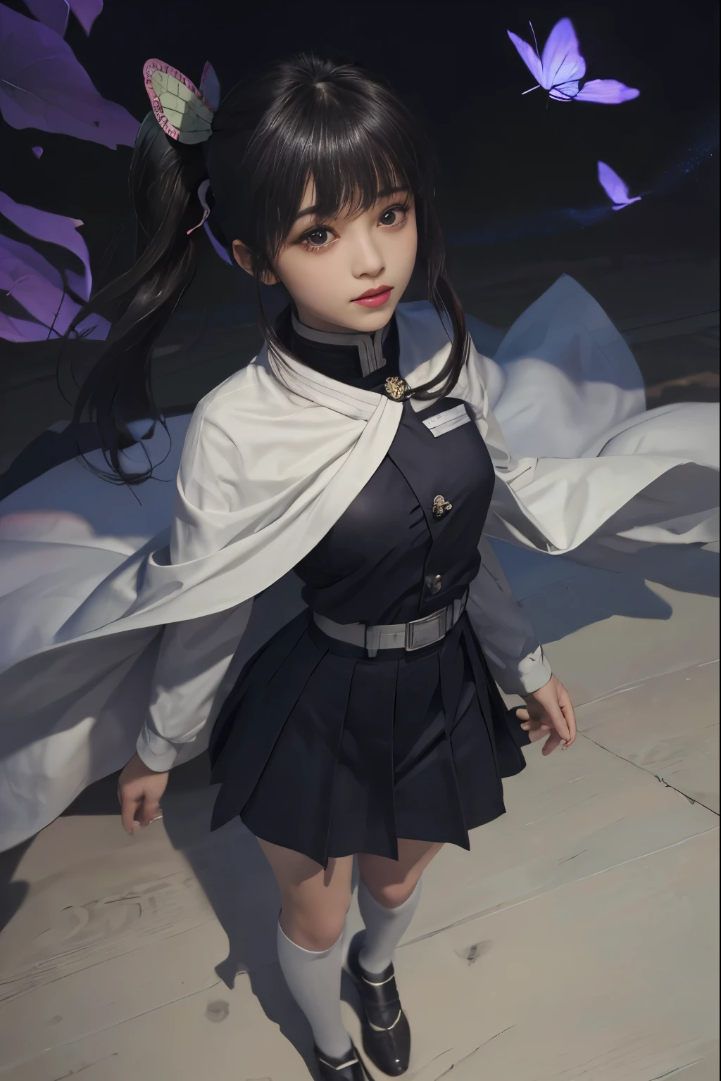 (RAW Photos, highest quality), (Realistic, Photorealistic Truth: 1.3), highest quality, Very detailed, masterpiece, Ultra-detailed, figure, One girl, kanao tsuyuri, ((Bangs Patsun,Side ponytail)),(( Demon Slayer uniform:1.4)), Butterfly Hair Ornament,( white belt), ( White Cape),, (Black jacket), (Pleated skirt), belt, (Black Skirt), knees, buckle, belt buckle, upper_body, Dynamic Angle, World Mastery Theatre, long hair flying, Fluorescent Centred, highest quality, Highly detailed CG integrated 8K wallpaper, ink, wonderful, Cinema Lighting, lens_Flare, wuxia_style,(((Straight Bangs:1.4))),(blunt bangs:1.4), Natural makeup,Attractive posture, Giant tit， Close-up,A broad perspective,