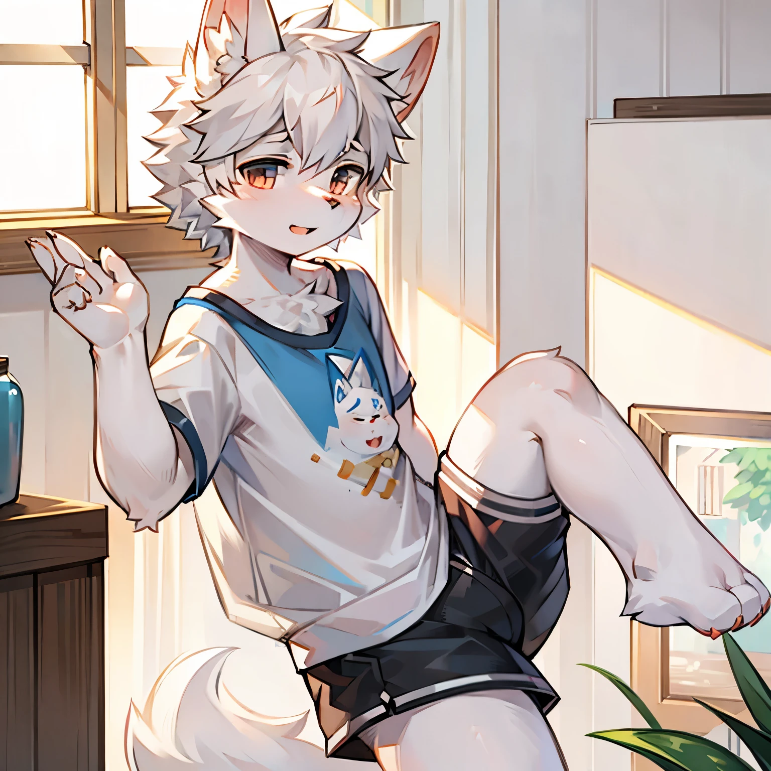 Samoyed boys,Furry people,Cute appearance,short and small,Characteristics of a -yead boyar short sleeves in summer,shorts,Indoor bright background