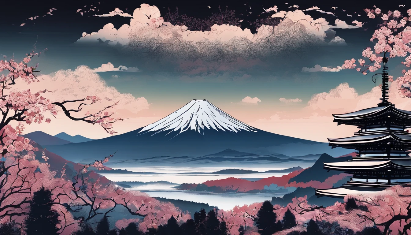 Create an image of Mt. Fuji and a cute high school girl in the style of Hokusai。