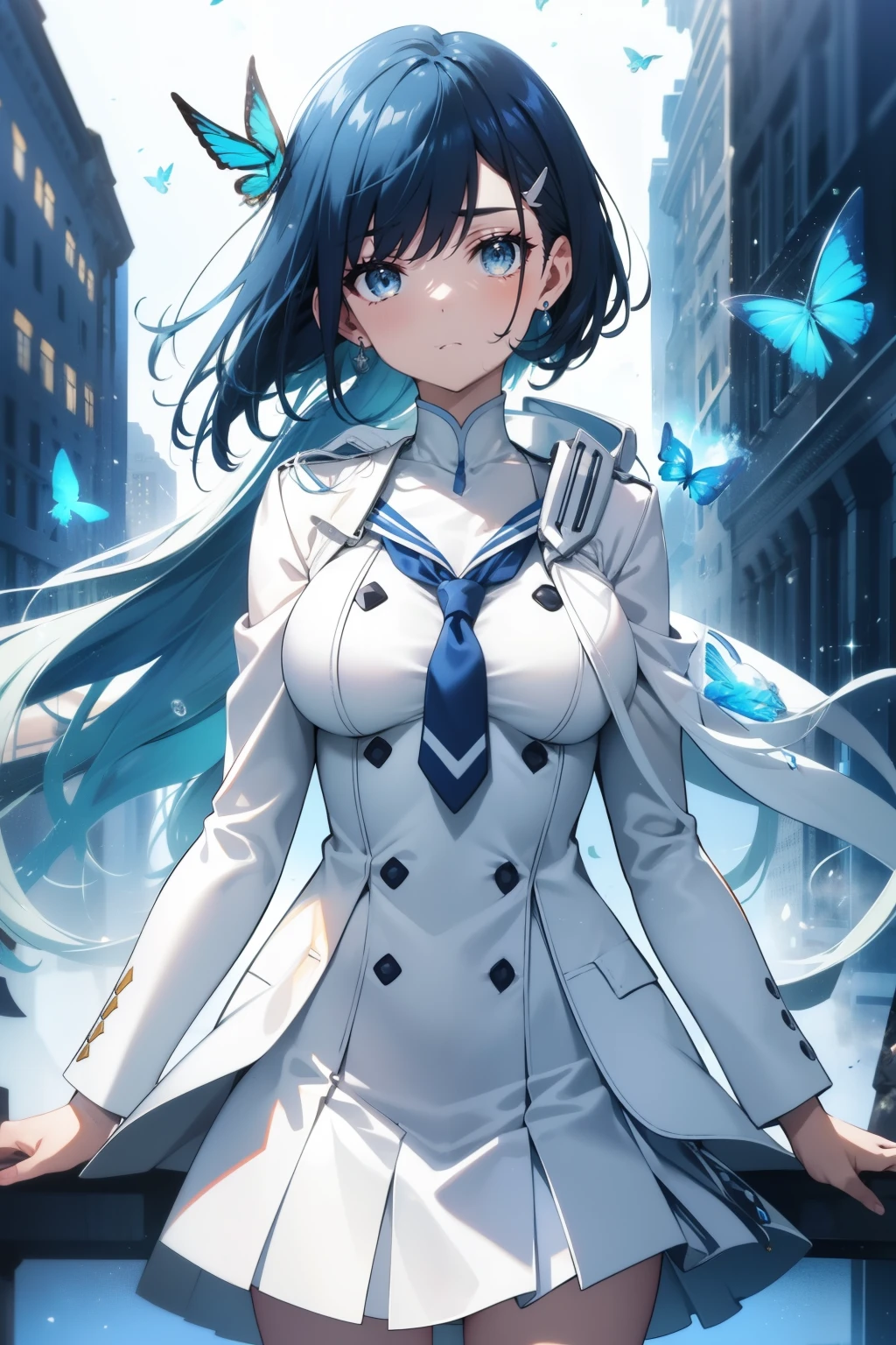 Best quality, beautiful face, detailed, perfect body, 
Girl, Green eyes, cute smile, short dark blue hair, cute Smile, white hair clip, small cute body, normal-sized cute breasts, white light jacket, blue butterfly tie, blue winter jacket, gray school skirt, city background , Ichigo from Darling in the Franxx 