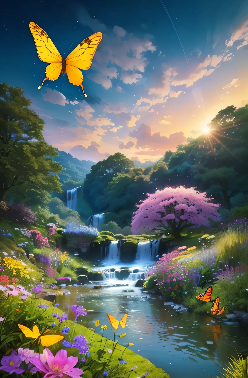 Butterflies flying over the stream in the garden, Flowers and waterfalls, stunning nature in background, Magical scenery, scenery is beautiful, Nature Wallpapers, 、Colorful environment, Beautiful scenery, natural scenery, Beautiful nature, very scenery is beautiful, majestic natural scenery, really Beautiful nature, Beautiful art UHD 4K, Anime Nature Wallpaper, very very scenery is beautiful
