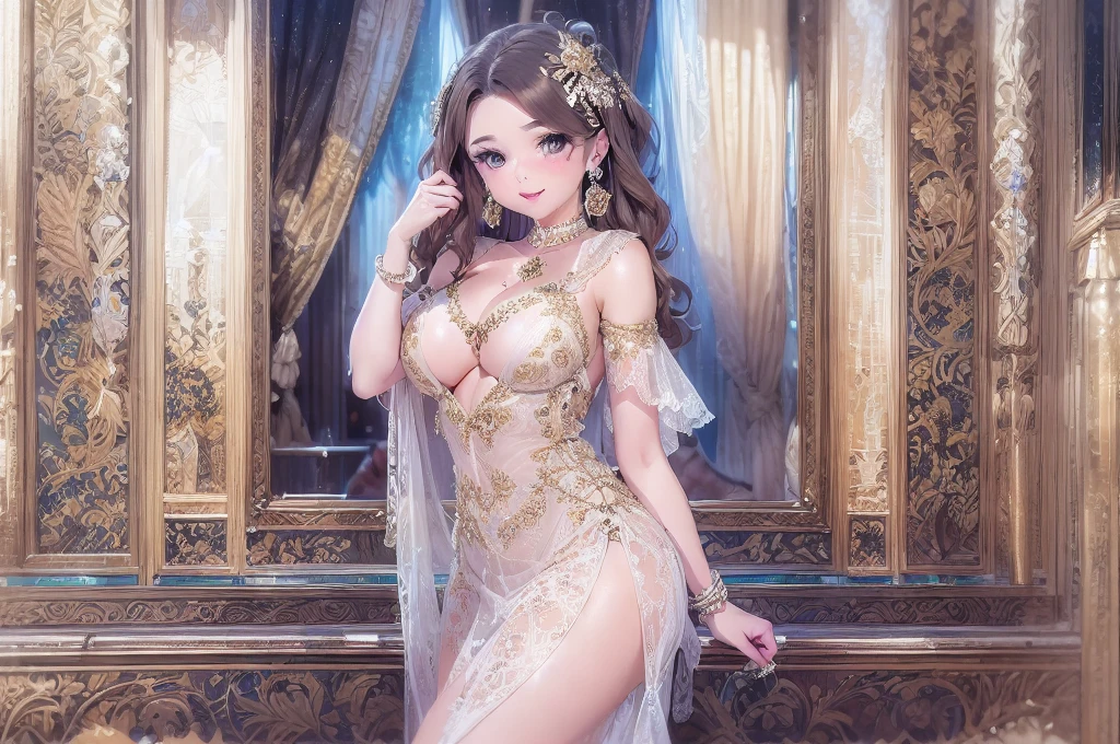 50 year old mature woman, Looking at the audience, Attractive breasts,Sensual curves、bubble、Full Body Shot,Nightgown, Charming smile, Thick lips, plump唇, blush, Looking at the audience, Provocative expression, Beautiful Hairstyles, Cleavage, plump、Curvy Hips、Attractive face、Mischievous face、Sexy Lingerie、An inviting gaze、Expressing emotions、colored feather, Money属装飾品, particle, Light, (masterpiece, highest quality, highest quality, Official Art, beautifully、aesthetic:1.2), (1 girl:1.3), Very detailed,(Fractal Art:1.1),(colorful:1.1),(flowerズ:1.3),Most detailed, (Dynamic pose), (Shiny skin), (Many colors :1.4), ,(Earrings:1.4), (feather:1.4),masterpiece, 30~40 years, Mr.々Hair style，Moneyのヘッドバンド，Tulle covers the chest，Perfect balance, Detailed details of the garment,marble，cinematicLighting, Film Grain, contrast of Light and dark,High detail,(((Gorgeous Accessories))))、Openwork decoration，(((See-through dress)))、(((Anatomically correct body))) ,1 girl, (High resolution), (8k), (Very detailed), Perfect Face, Beautiful eyes and face, (((highest quality))), (Very detailed), Detailed face and eyes, Beautiful Eyes,(((Sexy pose))),Beautiful Eyes、Transparent double eyelids、(((Super gorgeous background)))、Bright Eyes,Money,diamond,gem,Body Chain,Luxury Accessories,beautifully、aesthetic,flower,(((A beautiful woman)))